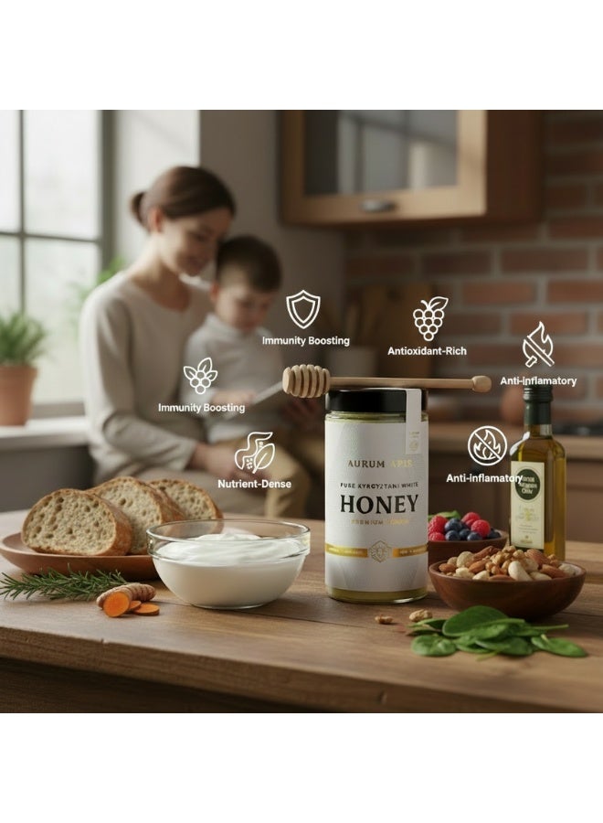 Aurum Apis Kyrgyzstani White Honey, 100% Raw Unfiltered Pure Honey, Hand Harvested Organic Honey, Non-GMO, Rich in Nutrients & Energy Source, Respiratory Relief, Certified Honey – 1kg Honey Jar - Image 4